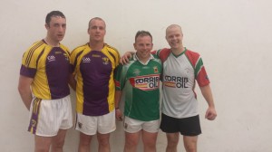  disappointed Gavin Buggy and Barry McWilliams, Wexford alongside happy winners Vinny Moran and Paul Flynn, Mayo following the O35AD final at Crinkle