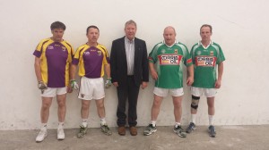 SMBD winners Ricky Barron and Robert Doyle, Wexford with GAA Handball rep Joe Masterson and George Miller and Kevin Cox, Mayo.