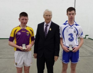 Anthony Butler, Wexford, GAA Handball President Willie Roche and Kavan O'Keeffe, Waterford