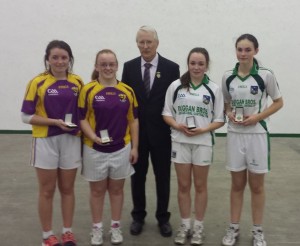Holly Hynes and Roisin Walsh, Wexford and Laura Stack and Katie McCarthy, Limerick alongside GAA Handball President, Willie Roche