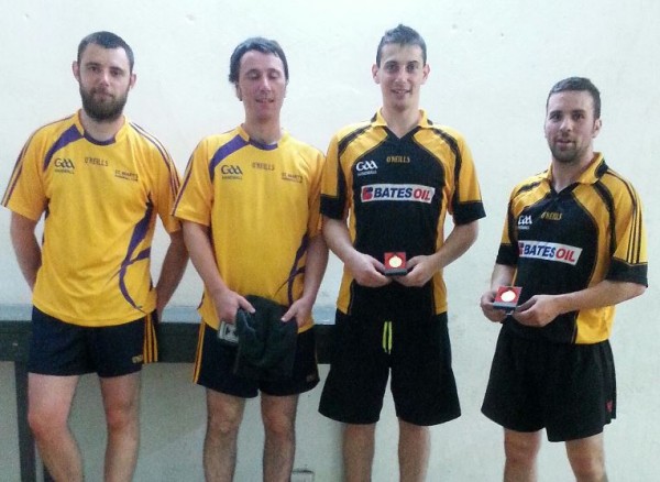 Matthew Hynes, Paddy Haughton, St. Mary,s (runners-up) and Jason Murphy and David Kenny, Castlebridge (winners) after the junior doubles final won impressively by Castlebridge on a 21-7, 21-14 scoreline