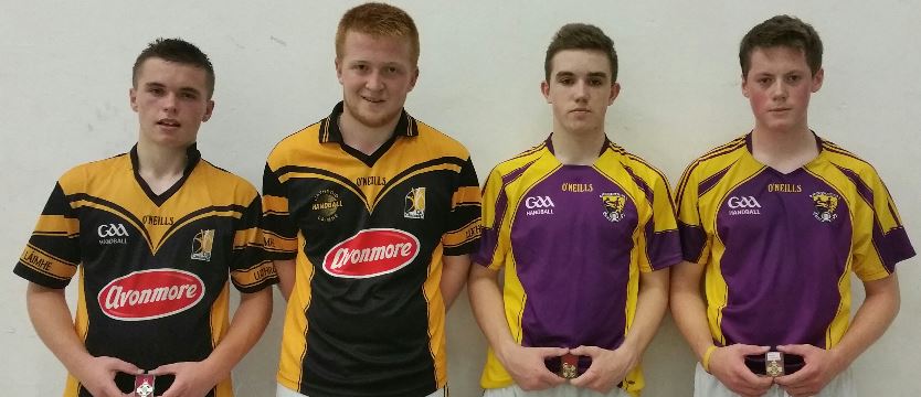 Daniel Kavanagh and Keith Armstrong with Shane Dunne and Padraig Cooney after the Wexford boys saw off the Noresiders 21-13, 21-8 in the final at Garryhill