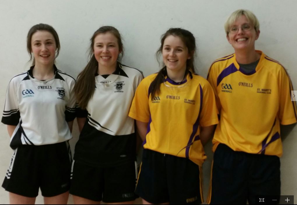 All smiles before the final of the junior doubles on Tuesday night last when Marguerite Gore and Holly Hynes, St. Mary's got the better of Emma Sweeney and Cora Doyle, St. Josephs after a hard fought encounter. Sweeney and Doyle belied their youth by playing all the best handball in the opening game which they won 21-8, but the favourites bounced back to win the second 21-4 before going on to clinch the title with a 21-13 win in the third.