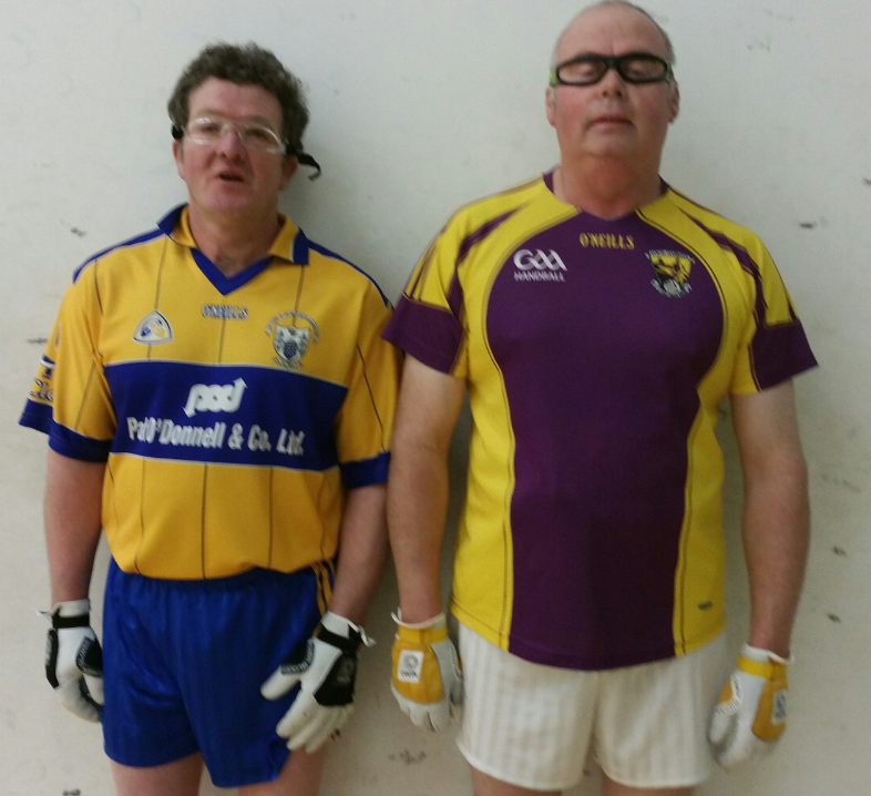 John Nihill, Clare and Mick Armstrong, Wexford before their All Ireland Golden Masters B singles semi final at St. Josephs yesterday. In  a game of many rallies it was the class of Armstrong that prevailed over the determination of the Corkman and he qualified for the final with a 21-7, 21-11 win.
