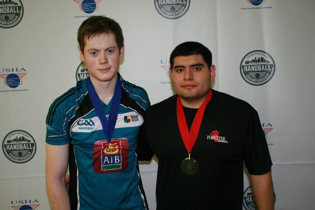 Keith Armstrong, representing Maynooth University with Ricardo Palma, Lake Forest College following his 19-21, 21-7, 11-4 in the Men's A1 Singles final at the USHA National Collegiate Championships 2016 at University of Minnesota, Minneapolis