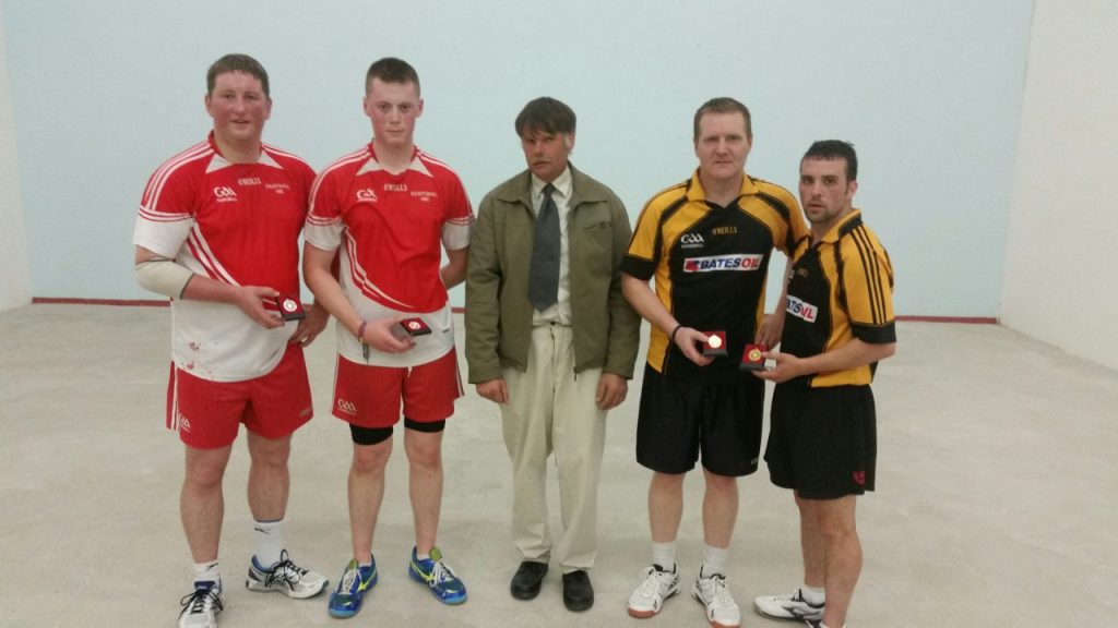 Niall Maher and Keith Armstrong, runners up and Malachy Whelan and David Kenny, winners with County Chairman, Rick Barron