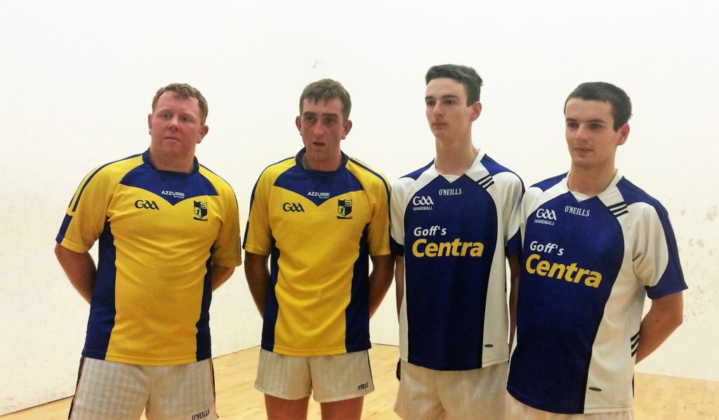 Mark Cardiff, Mikie Murphy, Taghmon with Ciaran and Brian Busher, Bridgetown after their junior D doubles final won 11-21, 2112, 21-10 by the brothers. Mikie Murphy overcame Brian Busher in the singles final by 21-16, 21-11